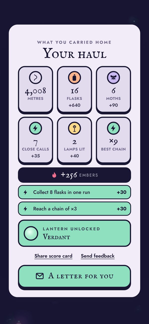 The end of a run: flasks, moths, close calls and embers collected