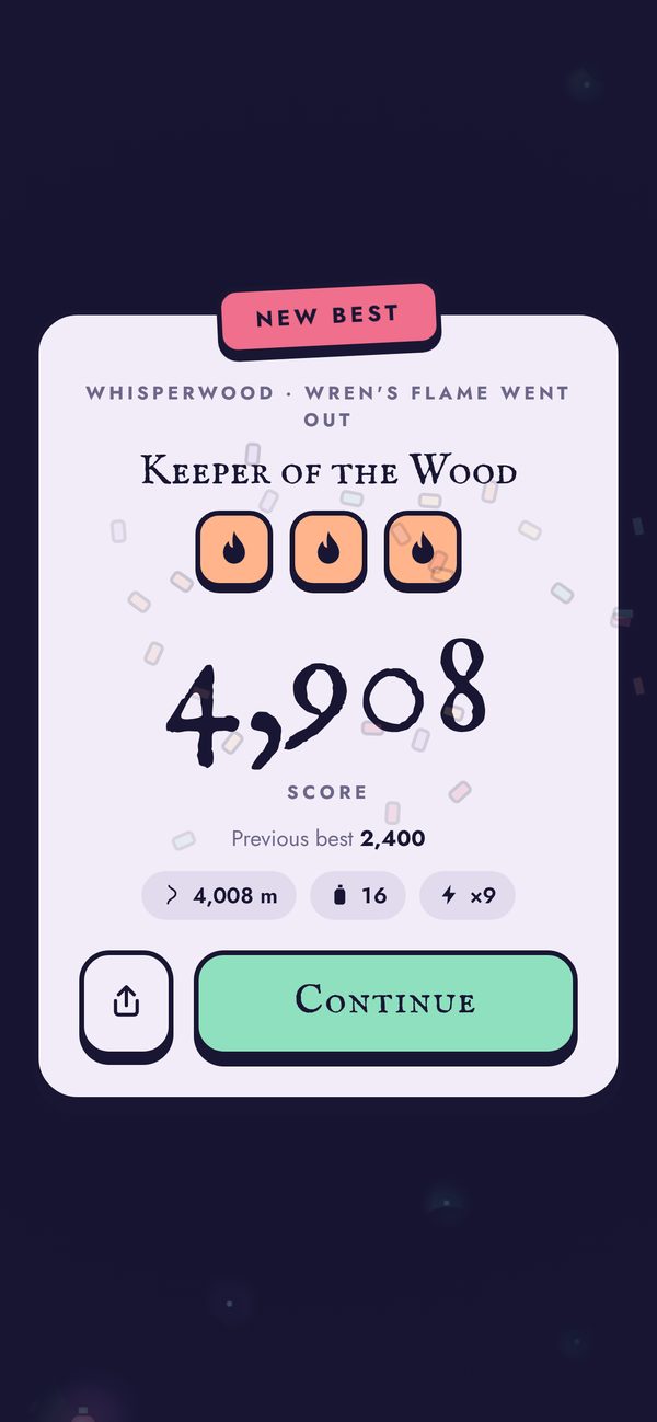 A score screen showing a new best of 4,908